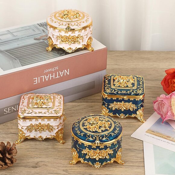 Women Vintage Round Trinket Storage Organizer Box Gold Metal Case Treasure Box - Picture 7 of 9